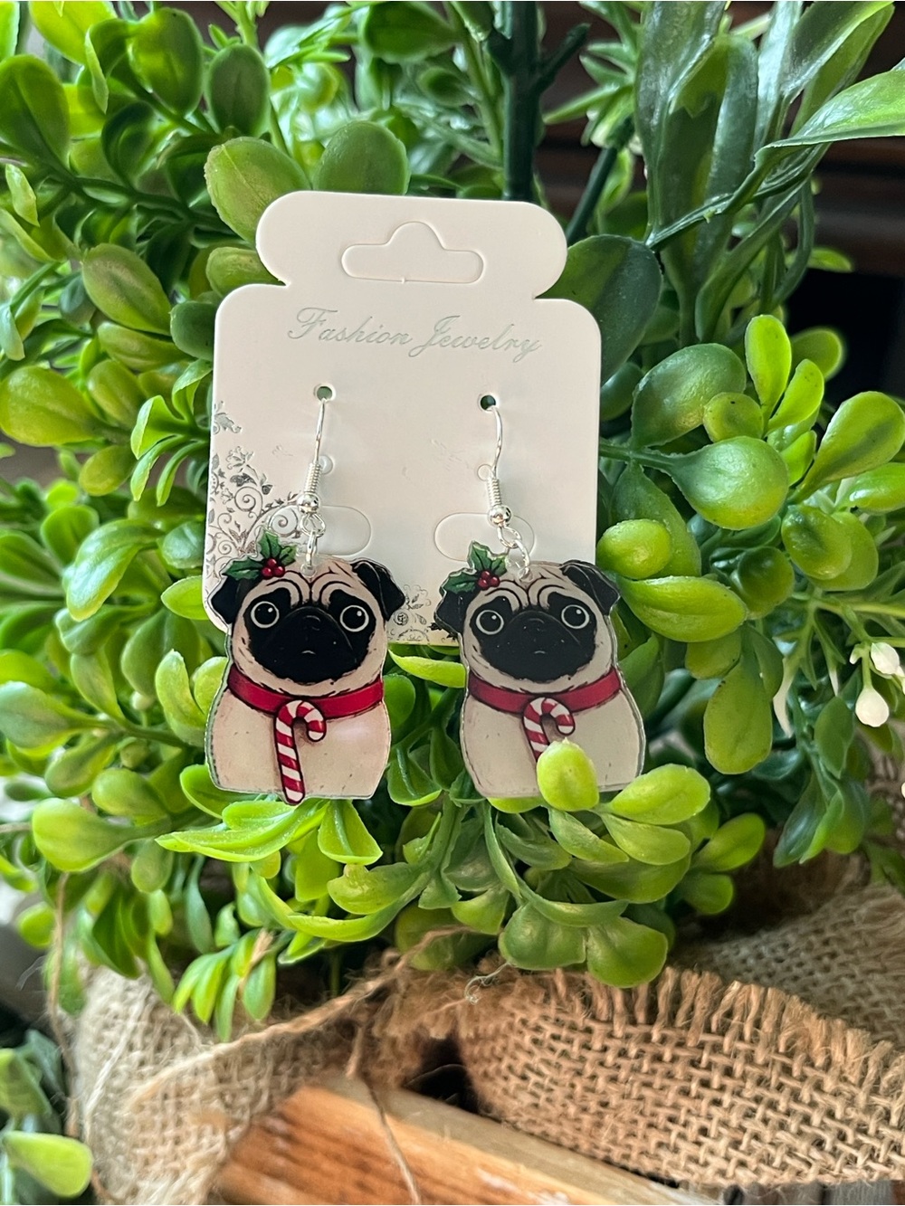 Pug Holiday Dog Earrings w/Paw Print Bag πΎππΎ Festive Design - Picture 5 of 9